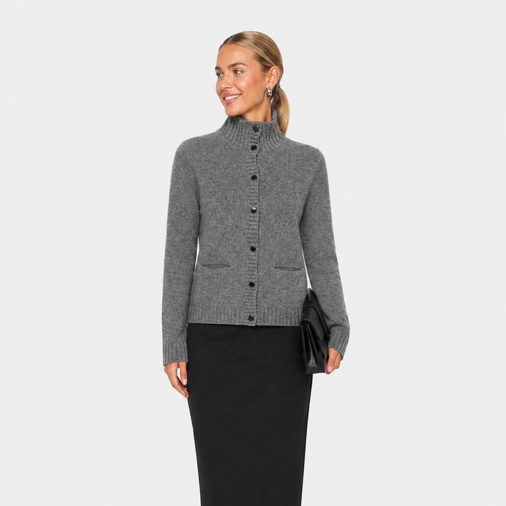 Samsoe Samsoe Sol T-Neck Lambs wool Cardigan Gray Mock Neck Button Sweater M
